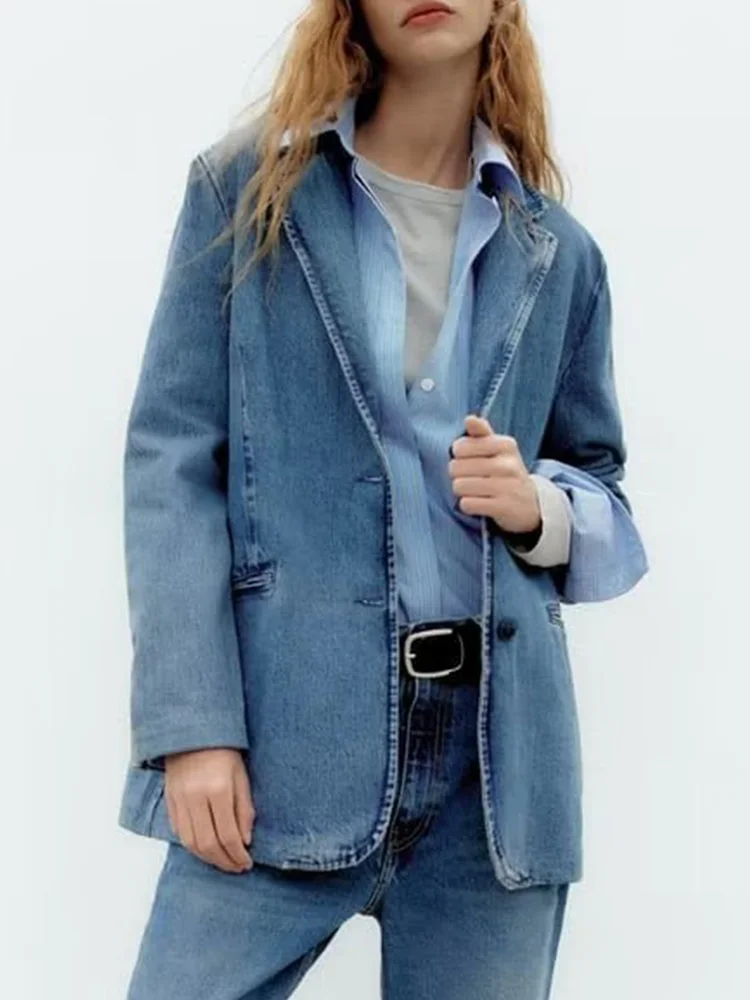 

Женский однобортный Джинсовый блейзер TRAF, повседневная однотонная куртка с отложным воротником и карманами, шикарная верхняя одежда с длинным рукавом, осень 2022