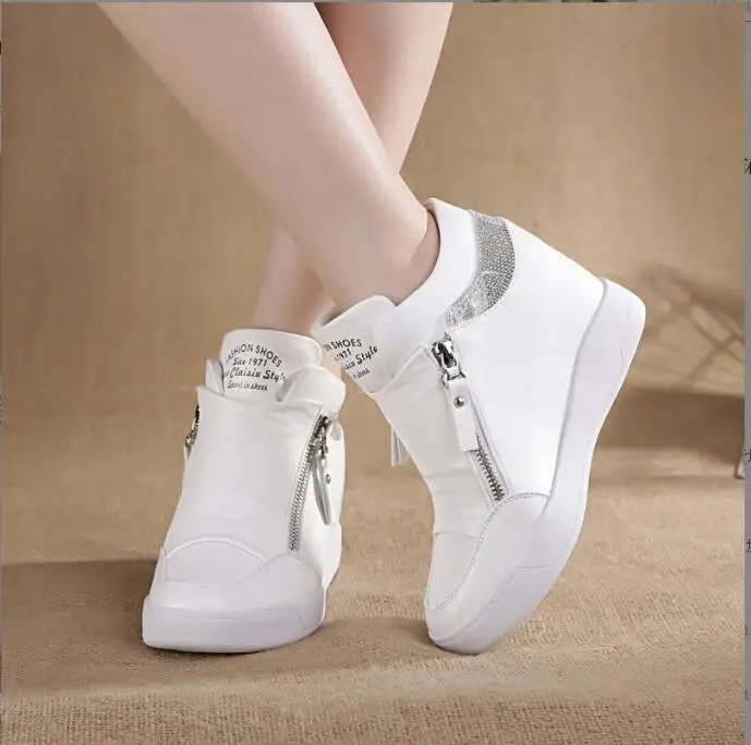 New Genuine Leather White Women Casual Shoes Platform Wedge Female Women Fashion Sneakers Chunky Spring Autumn Keep warm Boots