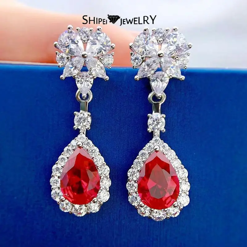 

Shipei Vintage 925 Sterling Silver Pear Cut Created Moissanite Ruby Gemstone Wedding Drop Dangle Earrings Fine Jewelry Wholesale