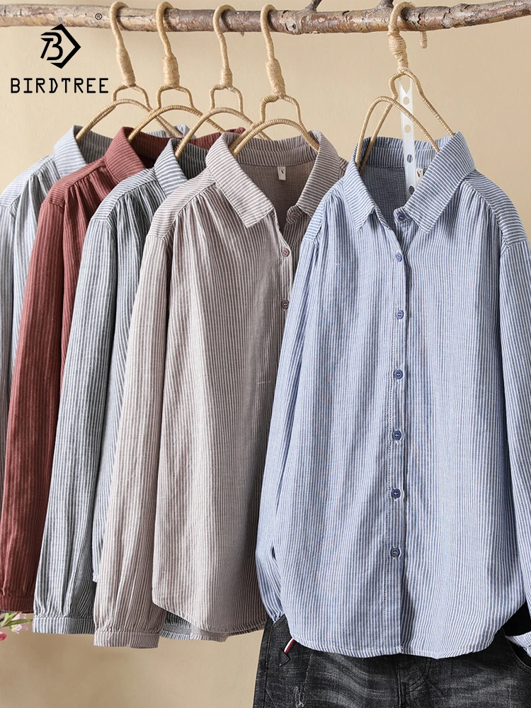 

New Autumn Cotton Striped Shirts Women Lapel Collar Top Girl Long Sleeve Loose Basic Blouses Commuting Versatile Spring T39449QC