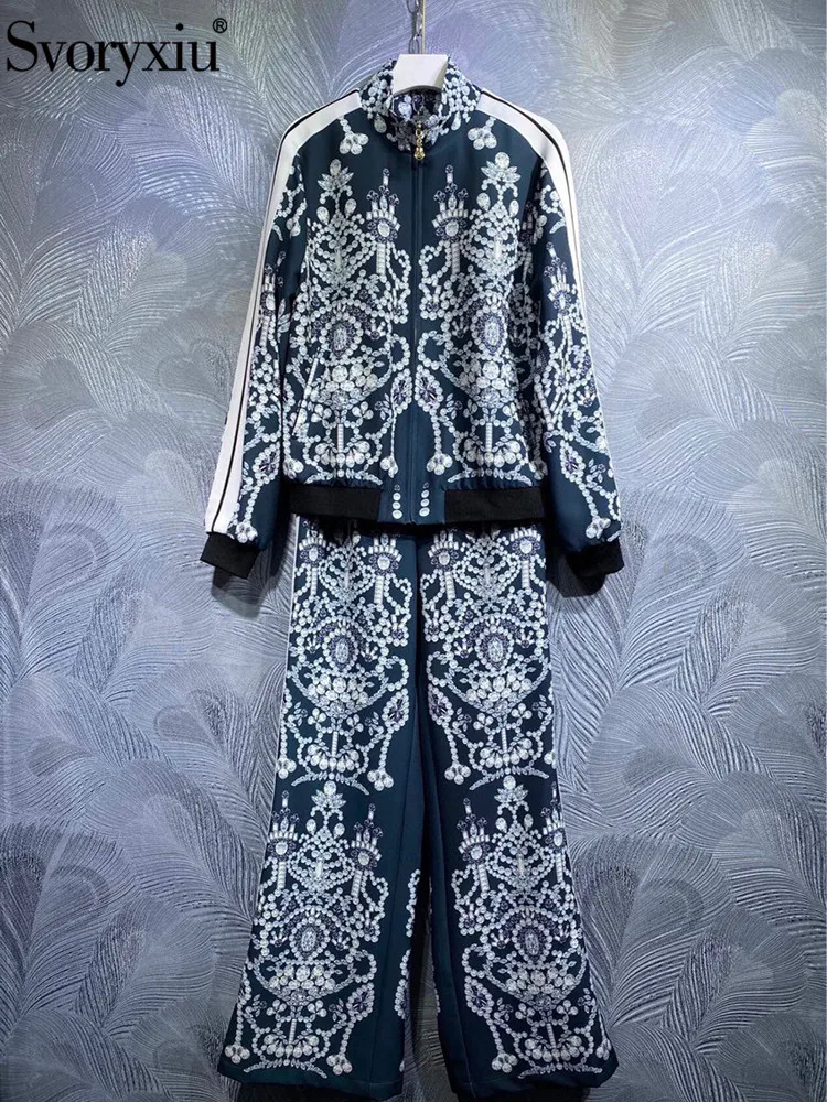 

Svoryxiu Fashion Autumn Vintage Print Trousers Suit Women's Lantern Sleeve Straight Slim Jacket Coat + Elastic Waist Trousers