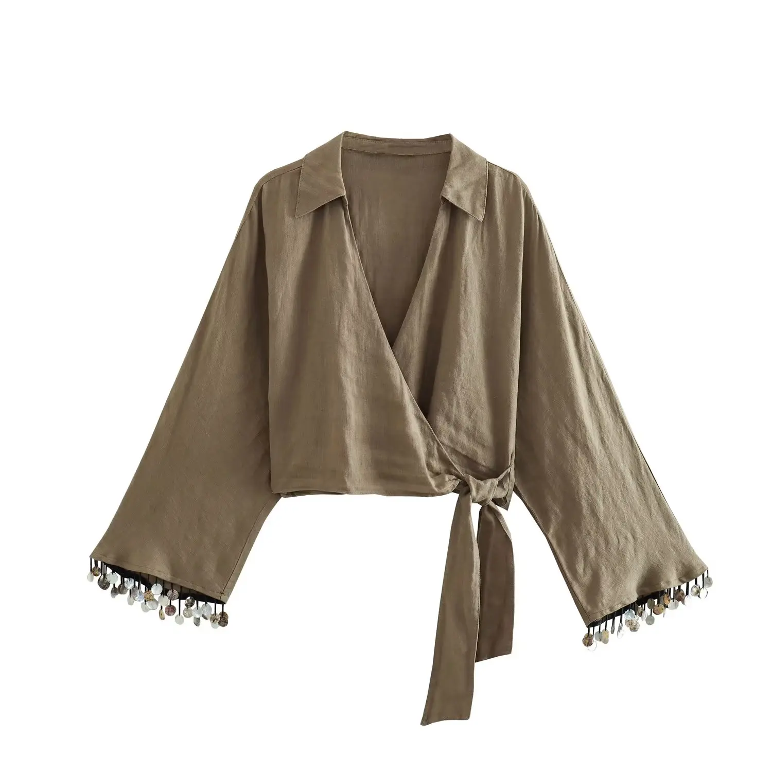 

Женская льняная укороченная блузка, зеленая рубашка с длинным рукавом и V-образным вырезом, топ с запахом, новинка 2023