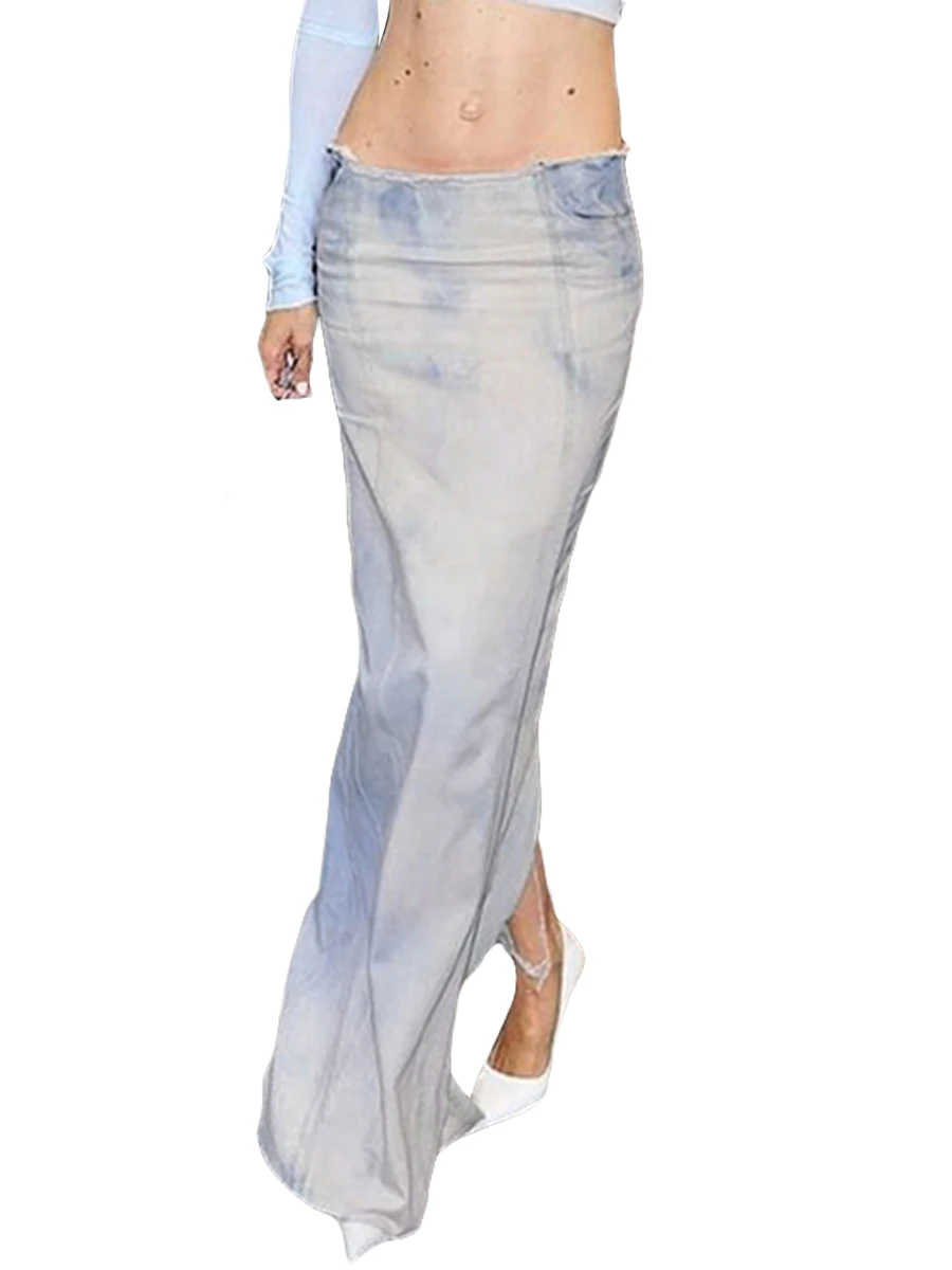 

Women Tie Dye Denim Midi Skirt Low Waist Bodycon Split Jean Straight Long Skirt