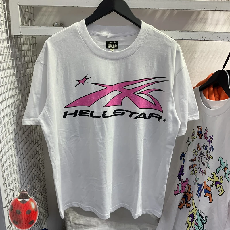 

European Size Hellstar Pink Lightning Logo T-Shirt Men Women Oversize White Streetwear Casual Short Sleeve T Shirt Top Tee
