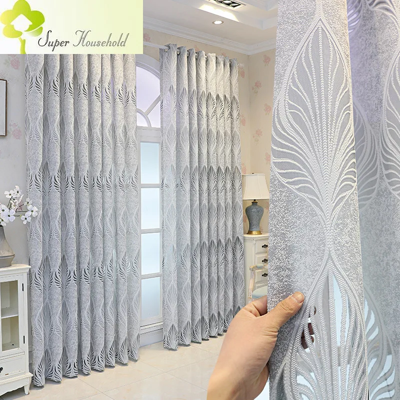 

Luxurious Europe Gray Jacquard Curtains Tulle for Living Room Hollow Leaf Sheer Voile Door Window Treatment Drapes SP1#112