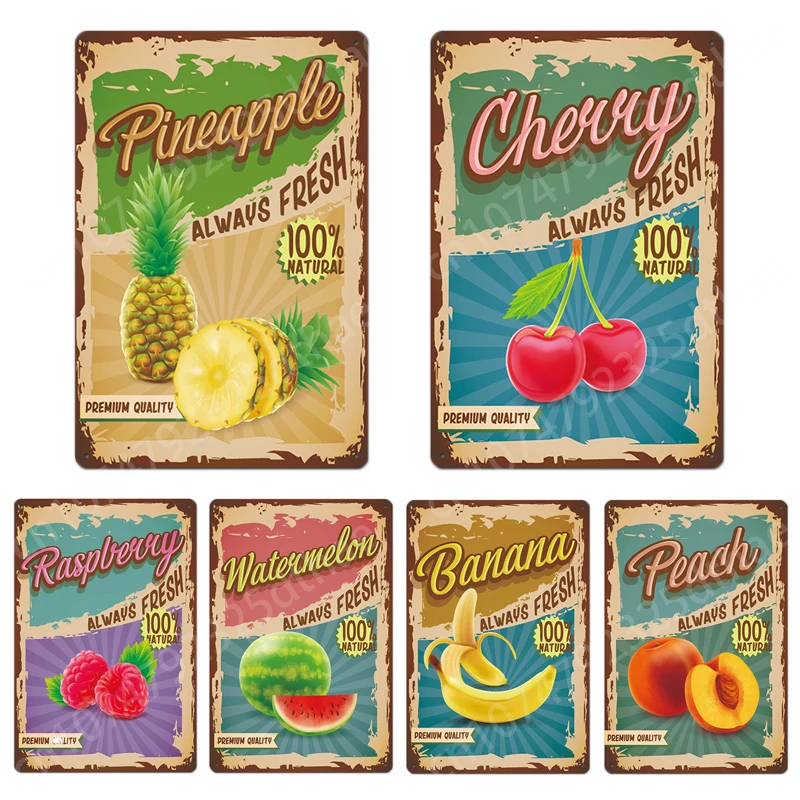 

Fruit Metal Tin Sign Pineapple Cherry Plaque Wall Decor Painting Posters Farm Door Home Kitchen Decoration Background Iron Plate
