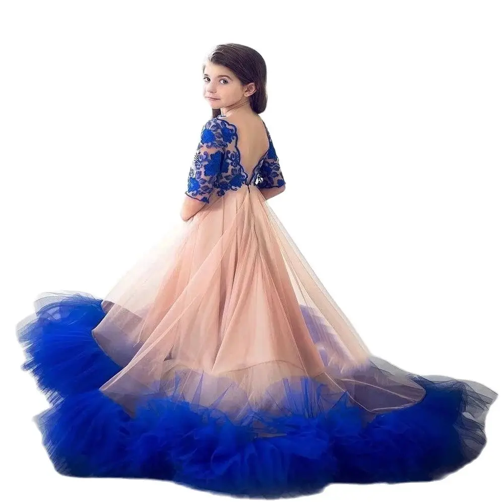 

Luxury Blue Ruffles Princess Flower Girl Dresses Backless Birthday Pageant Communion Robe De Demoiselle Wedding Party