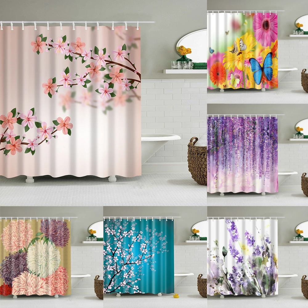 

3D Flower Plum Blossom Lotus Lavender Rose Shower Curtains Bathroom Curtain Frabic Waterproof Polyester Bath Curtain with Hooks