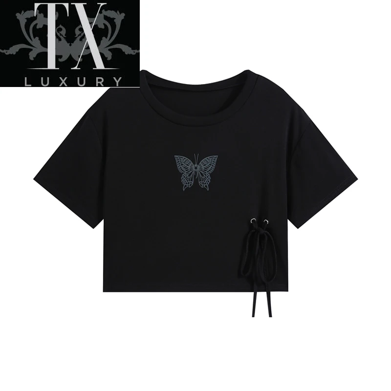 

Женская Черная футболка с коротким рукавом, дизайнерский топ с принтом бабочки и кулиской, с круглым вырезом, Летние повседневные сексуальн...