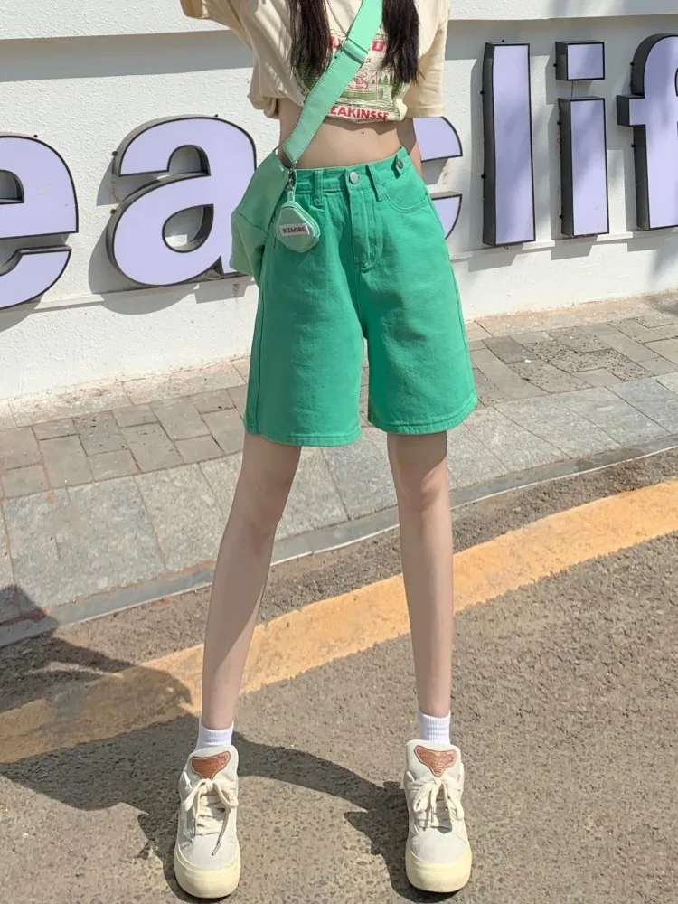 GUUZYUVIZ Summer Straight Tube Loose Wide Leg Denim Shorts Women High Waist Slim Casual Capris Candy Color