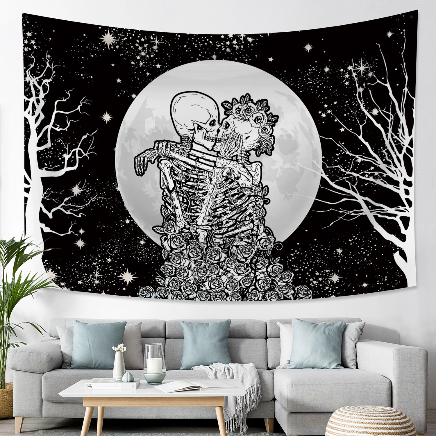 

Skull Tapestry Kissing Lover Black White Tapestry Mandala Witchcraft Hippie Wall Hanging Carpets Home Dorm Decoration Bed Mat