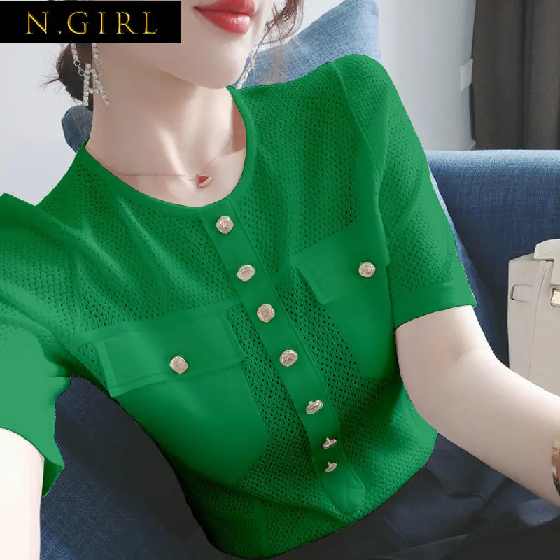 

Fashion O-Neck Solid Color Hollow Out Pockets Oversized Button Blouse Summer New Casual Tops Loose Commute Women's Clothing Shir