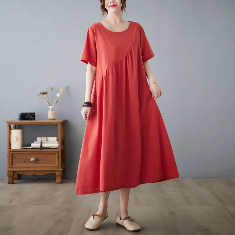 

Женское однотонное платье из хлопка и льна, повседневное простое тонкое свободное универсальное платье с круглым вырезом, лето 2022
