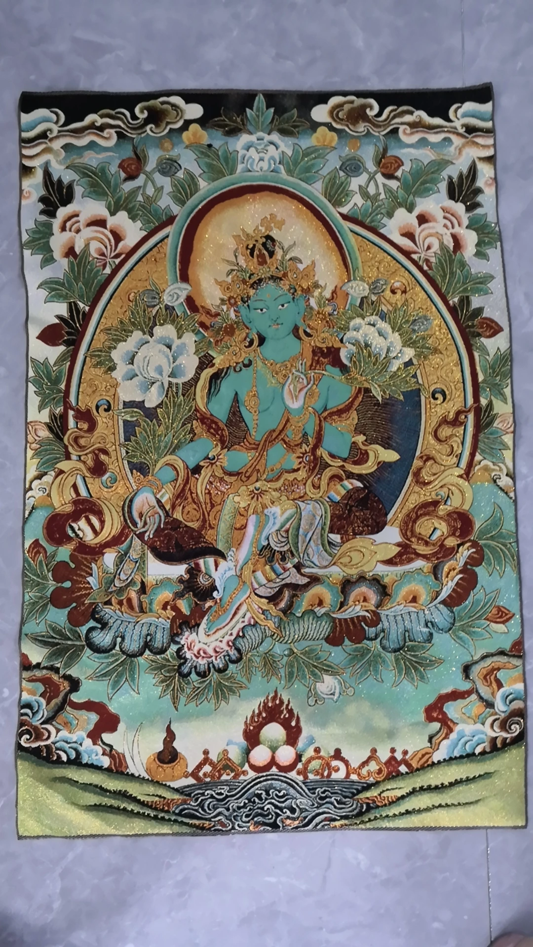 

Tibet Buddhism Silk embroidery Seat Green Tara Buddhism Thangka Painting Mural.