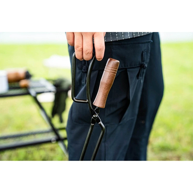 

Barbecue Charcoal Clip Metal Wood Handle Anti-Scalding Camping Bonfire Fire Tong