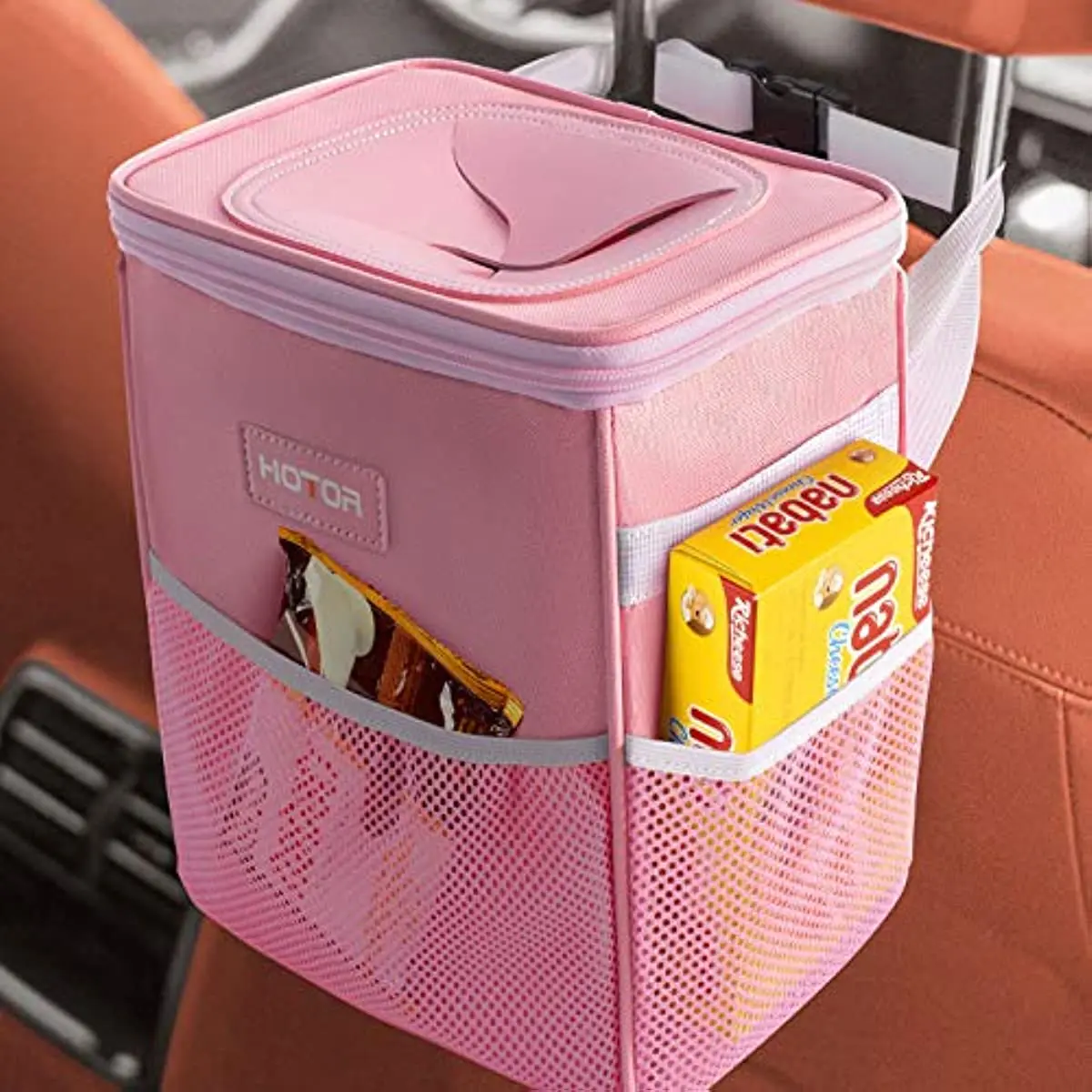 

Car Trash Can with Lid and Storage Pockets Leak-Proof Car Organizer Waterproof Garbage Can Multipurpose Trash Bin for Car