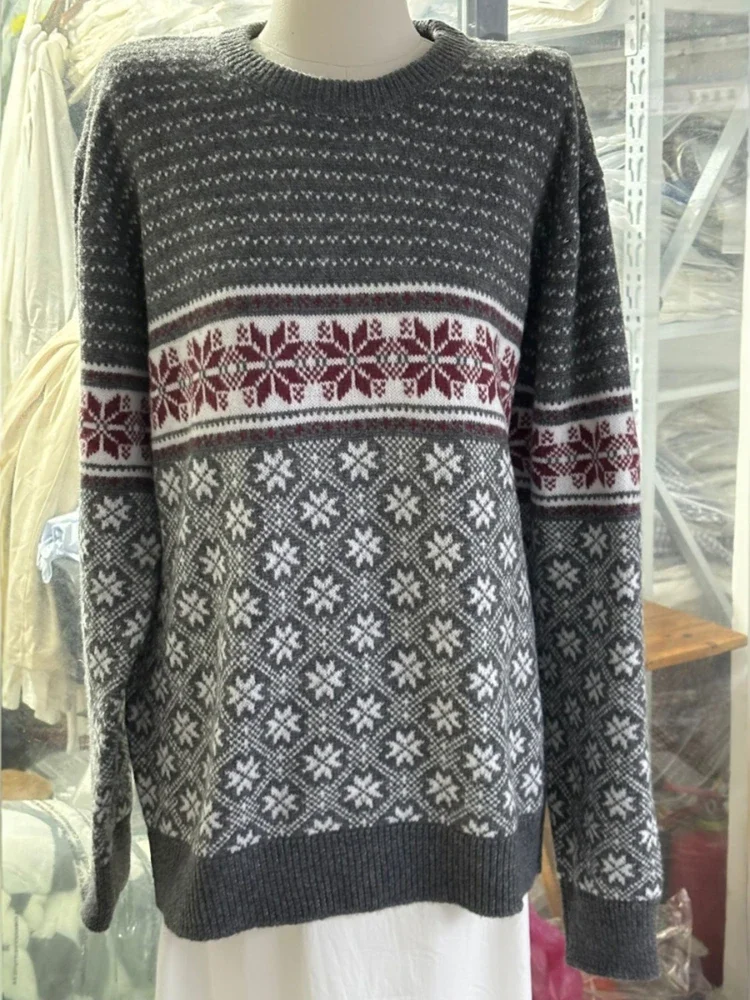 Винтажный вязаный свитер со снежинками для женщин осень 2024 универсальный узкий