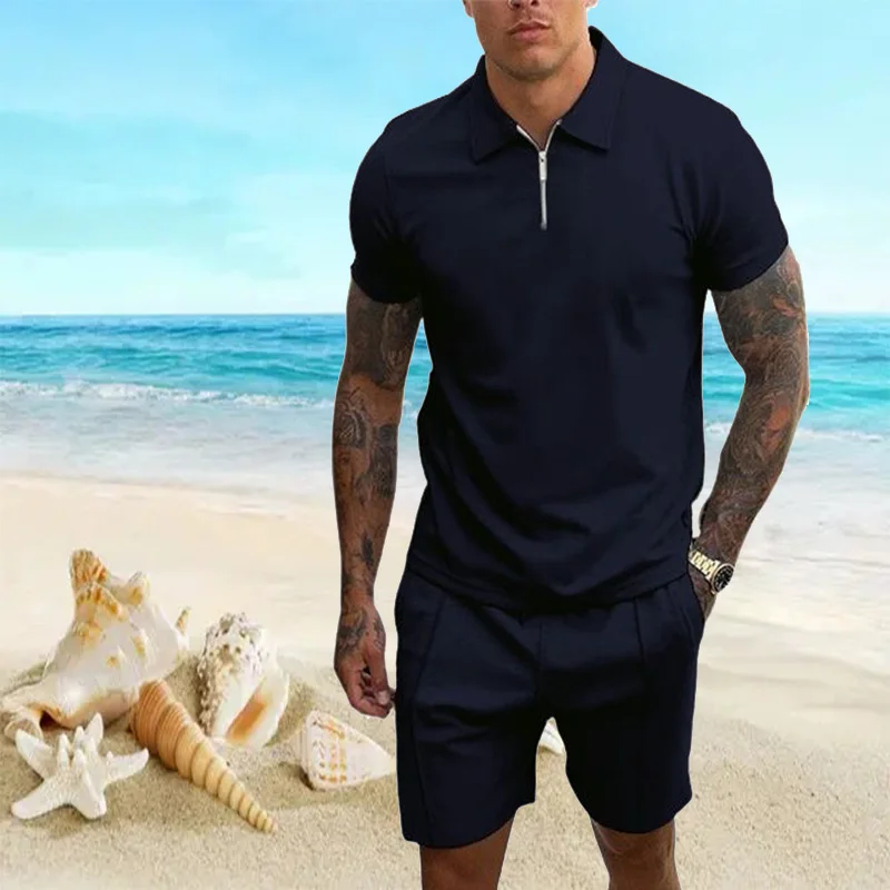 

2022 Men's Activewear Solid Color Short Sleeve Zip Polo Shirt and Shorts Set Men's Casual Streetwear 2 Piece Summer S-3XL