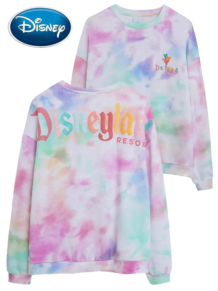 

Disneyland Embroidery Sweatshirt Mickey Mouse Cartoon Tie-dye Women O-Neck Pullover Long Sleeve Fleece Jumper Tops Streetwear