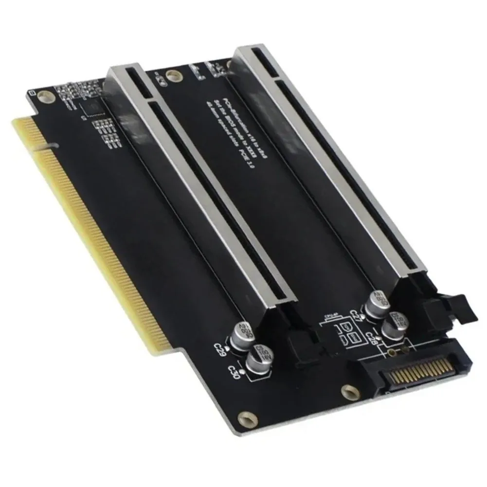Фото Карта-разветвитель PCIe 3.0 X16 на два порта X8 с питанием SATA для графических процессоров Gen3, SSD и сетевых адаптеров (расширитель) №4