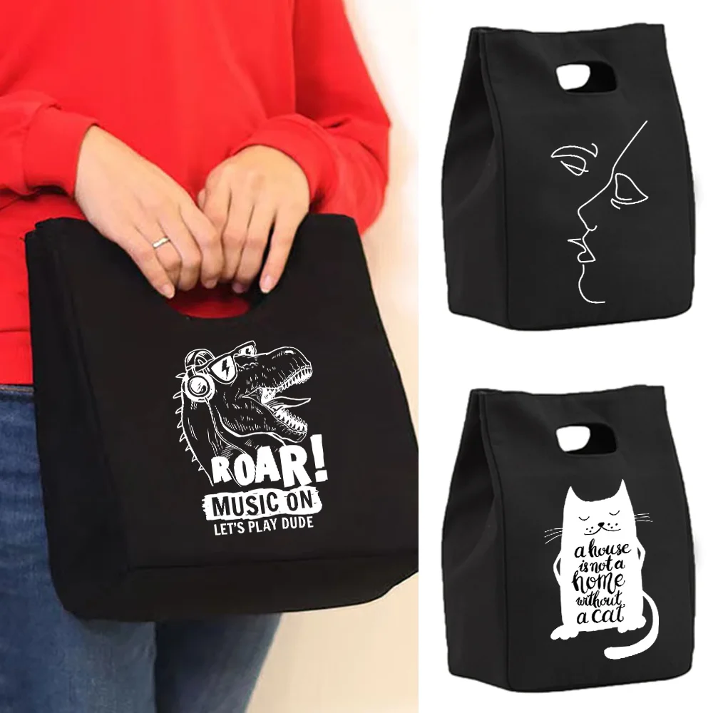 

Thermal Canvas Lunch Bags for Women Cooler Bag Insulated Lunch Bento Pack Picnic Bag White Picture pattern Lunch Bags for Work