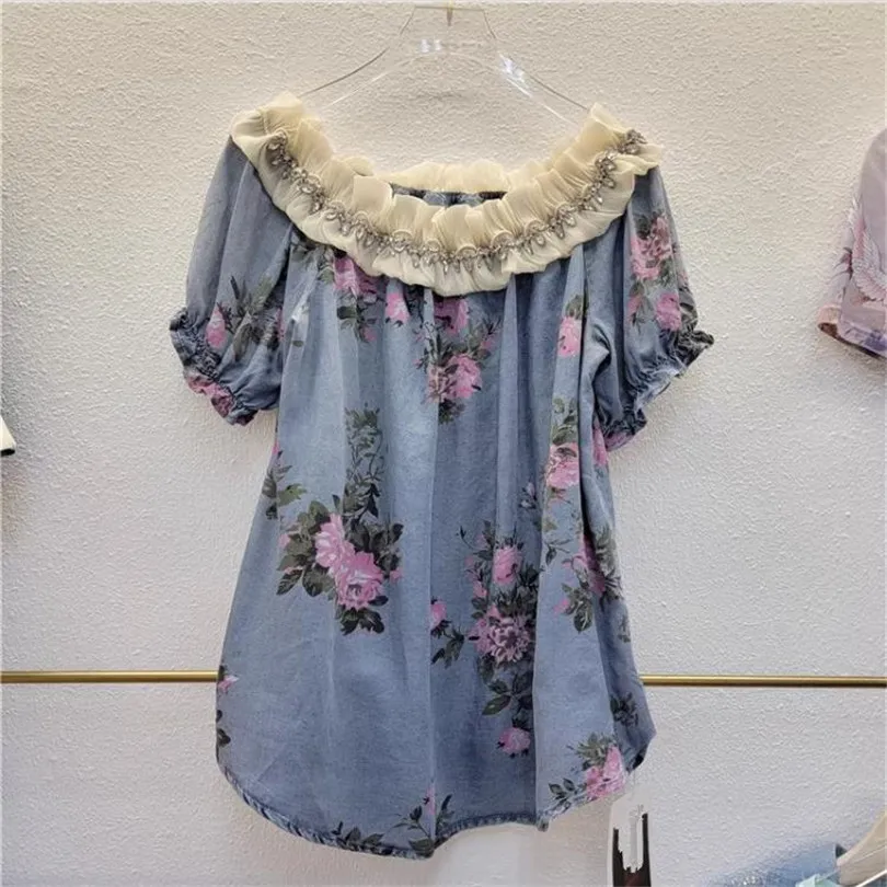 

Ruffled patchwork printed diamond slash neck denim shirt for women 2023 summer puff sleeve OL Blouse Tops Camisas Mujer Y4001