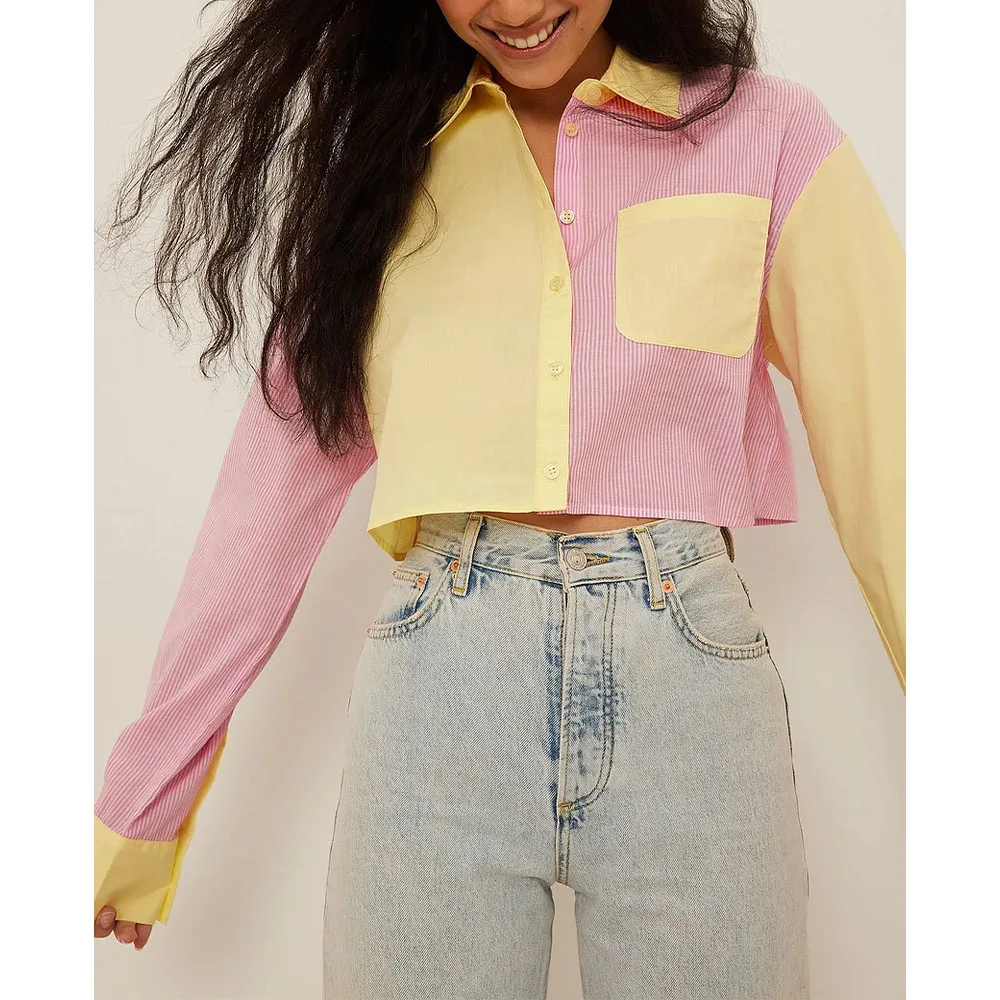 

Женская летняя Свободная рубашка, короткая блузка с длинными рукавами и карманами, с лацканами, в стиле колор-блок, 2022