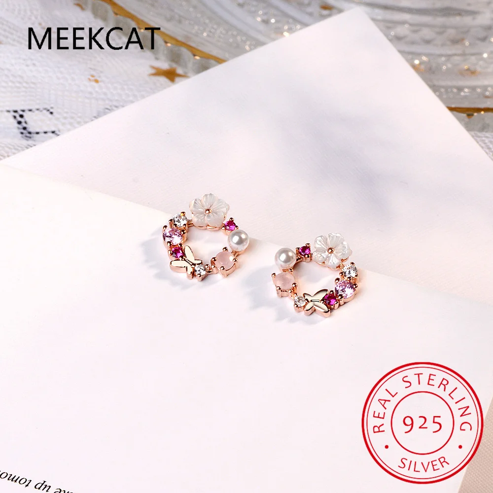925 Sterling Silver Wreath Earring Pretty Butterfly Colorful Flowers+White Peal Cubic Zirconia Crystal Jewelry For Women
