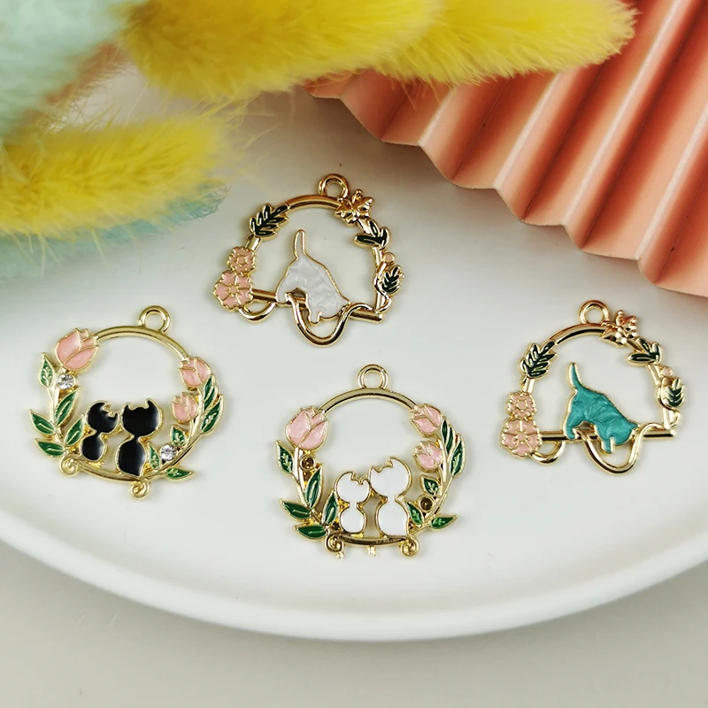 

ApeUr 10pcs/pack Wreath Cat Enamel Charms For Jewelry Making DIY Earrings Phone Couple Pendants