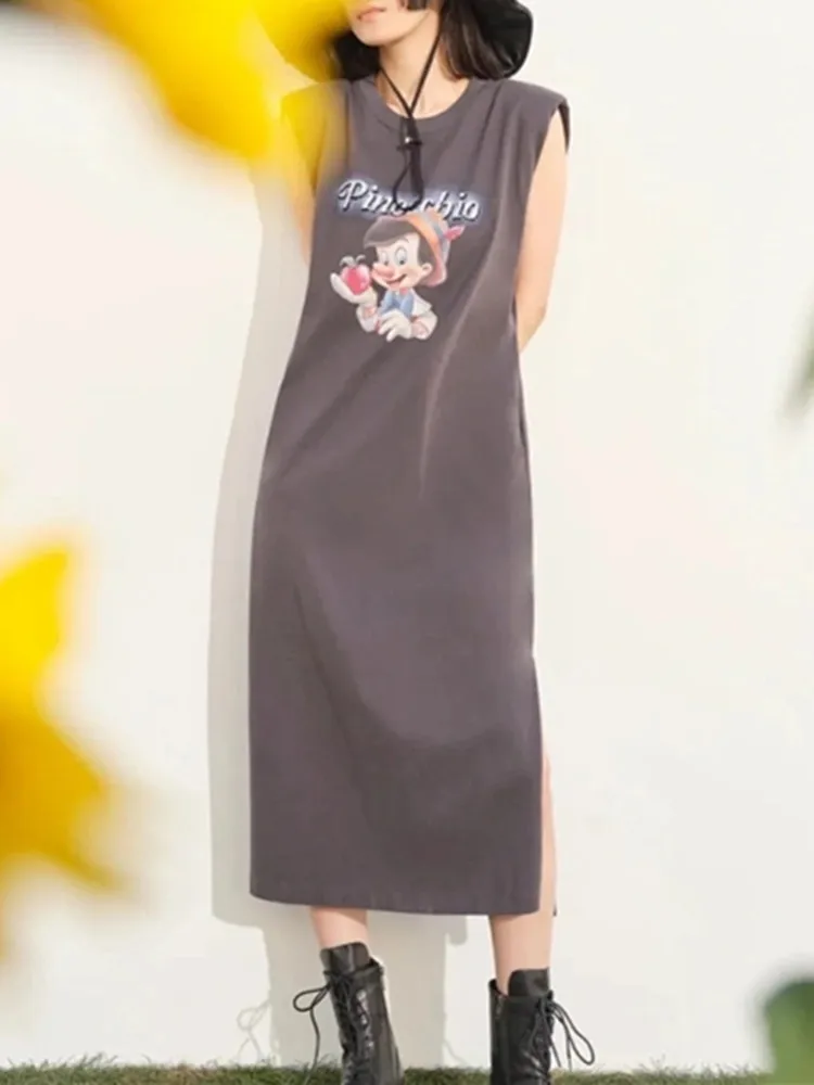 Women Cartoon Print Midi Dress 2022 Summer O-Neck Sleeveless Fashion Casual Long Vest Robes for Ladies