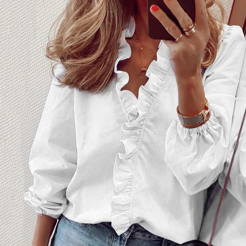

Spring 2022 Women Tops Fashion Ruffle Deep V-Neck Lantern Long Sleeve Baggy Shirt Woman Casual Solid Color oversized Blouse 5XL