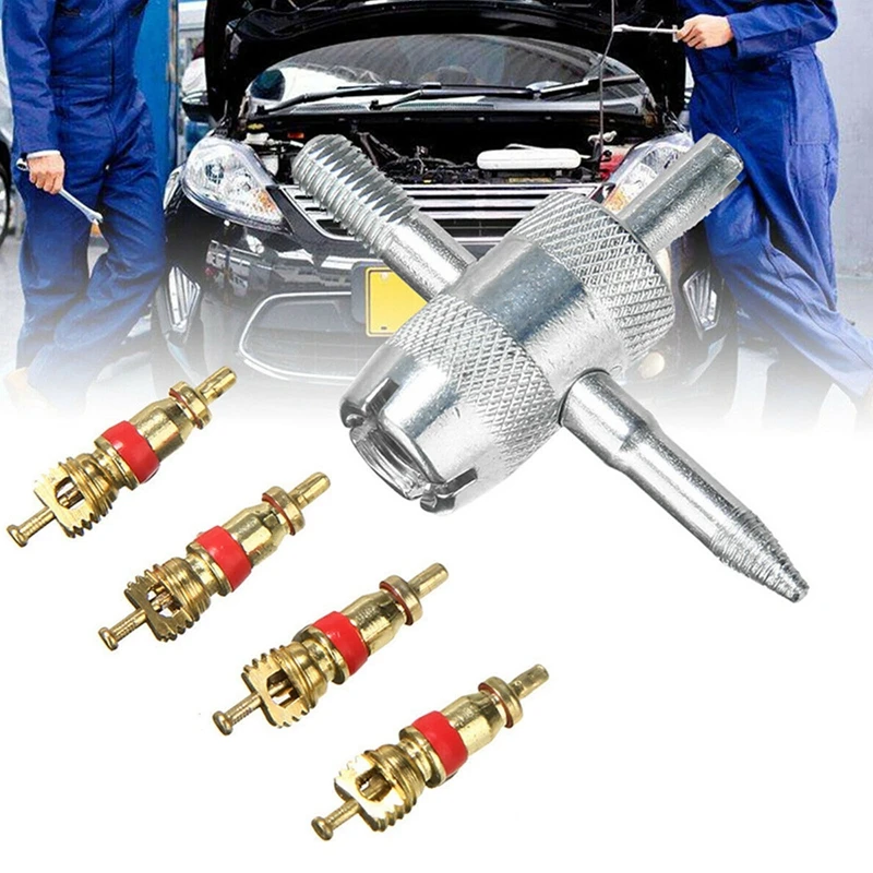 

1 Set 4 Way Car Bike Tyre Tire Valve Repair Remover Tool+4 Valve Stem Cores Kit