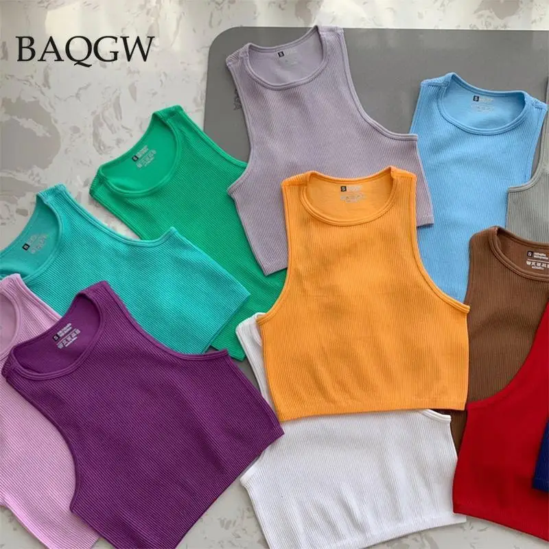 

Кроп-Топ женский однотонный базовый, базовый бесшовный эластичный Топ в рубчик, уличная майка без рукавов, 9 цветов
