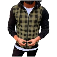 mens casual plaid zip sweatshirt cuff stitching hooded long sleeve cardigan jacket