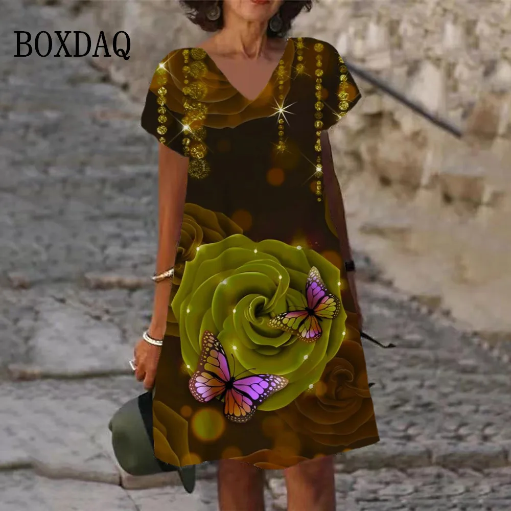 

Женское винтажное платье в стиле бохо, элегантное праздвечерние чное платье с коротким рукавом, цветочным принтом, V-образным вырезом и бабо...