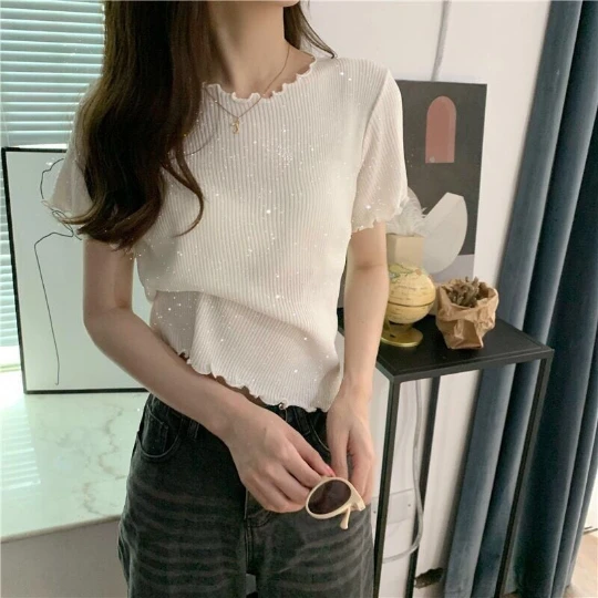 

White Summer Lady Women Knitting Crop Tops Short Sleeve Stretchy Ruffles Bright crystal T-shirts Shinning Ice silk Fashion Cloth