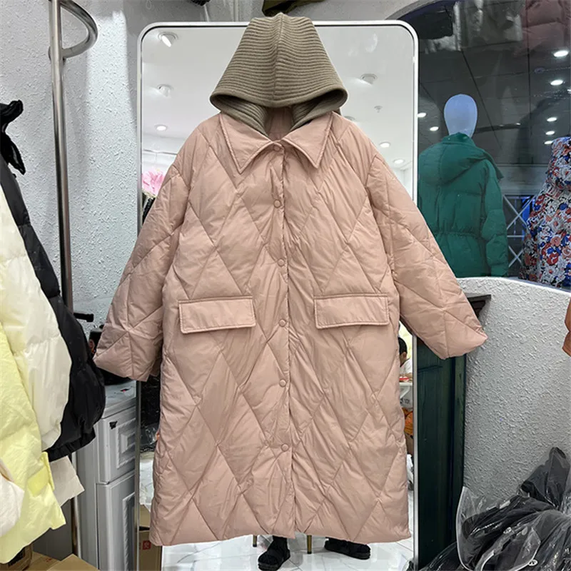 

Теплая Толстая куртка на белом утином пуху, парки, сезон осень-зима 2022, женское вязаное пуховое пальто с капюшоном в стиле пэчворк, Длинная Верхняя одежда для женщин