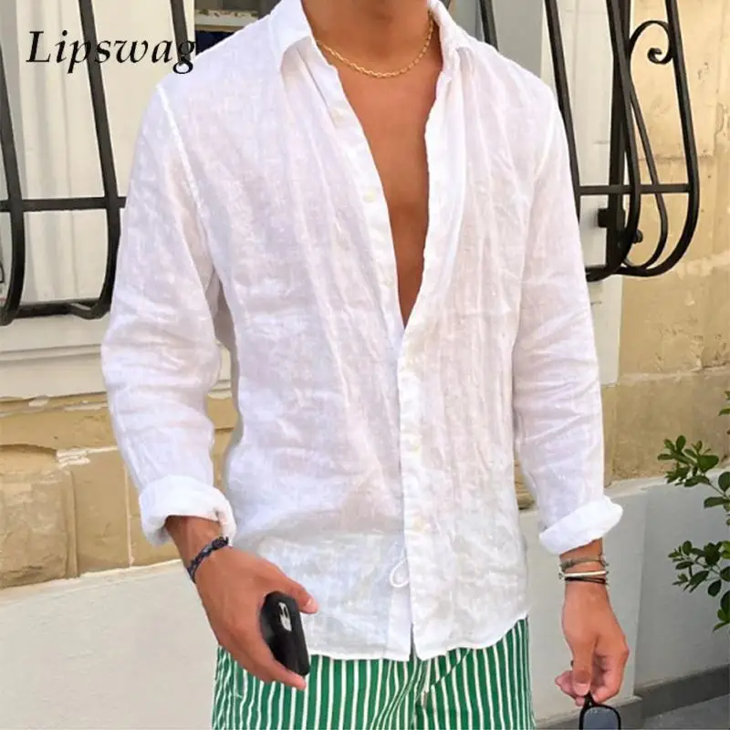 Spring New Casual Linen Shirts Mens Long Sleeve Button-