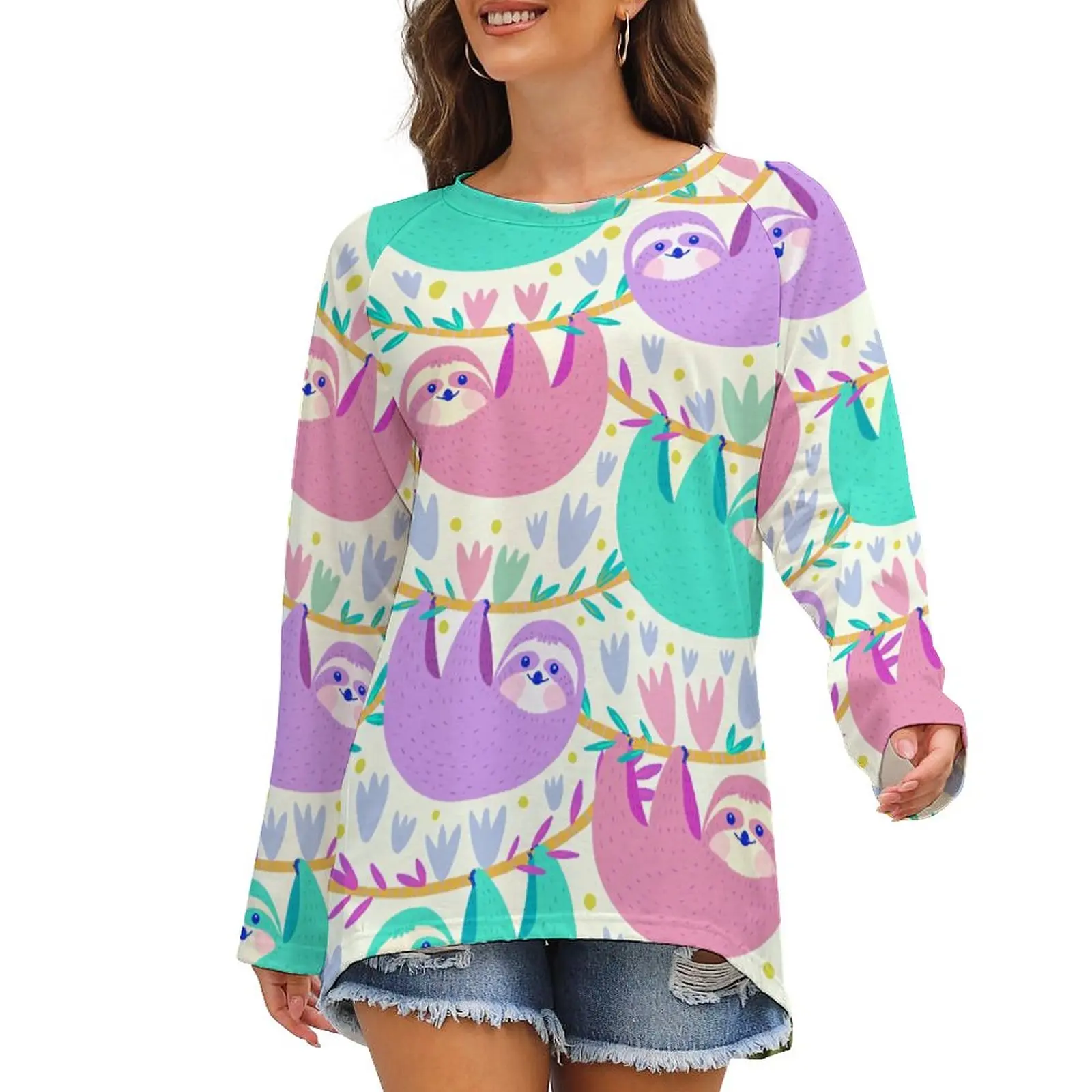 

Красочные футболки Ленивец, милая уличная одежда с принтом животных, футболка с длинным рукавом, Милая футболка с принтом, женская одежда 3XL,...