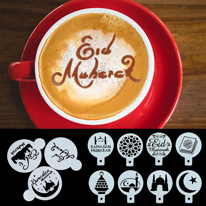 3/8Pcs Eid Mubarak Coffee Spray Stencils Ramadan Cake Cookie Mold Coffee Letter Template For Home Al-fitr Muslim Party DIY Decor