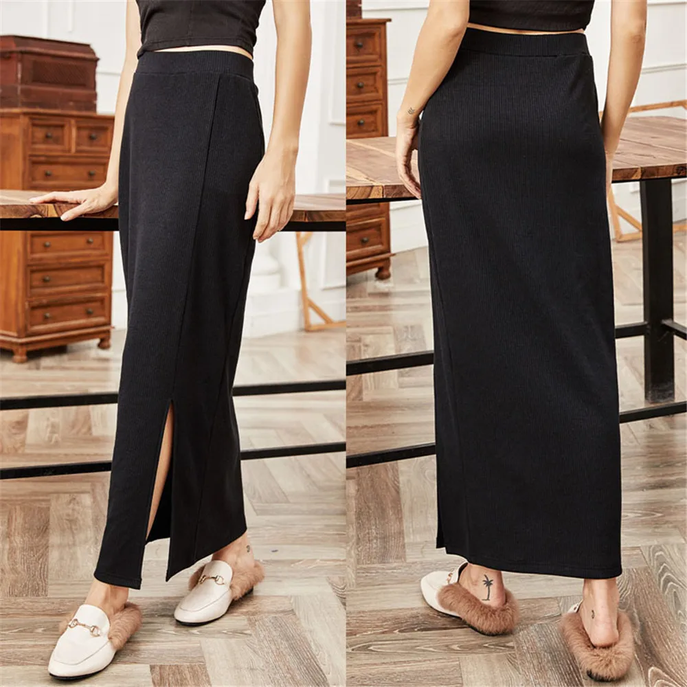 

Spring Autumn Pencil Skirt Women Sexy High Waist Straight Skirts Side Slit Long Skirt Solid Color Black Casual Bottoms Fashion