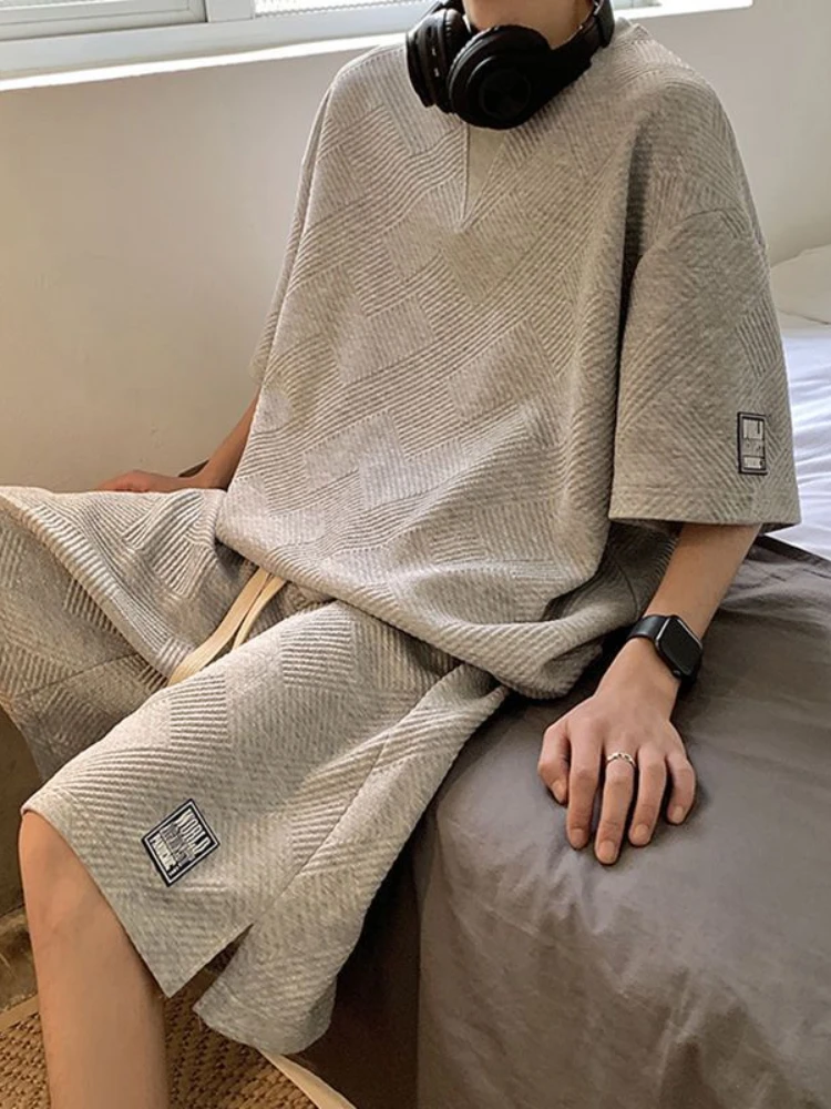 2023 Summer Unisex Asual Suit Men's Hong Kong Style Short SleeveT-shirt Korean Streetwear Casual Preppy Shorts Two Piece Set