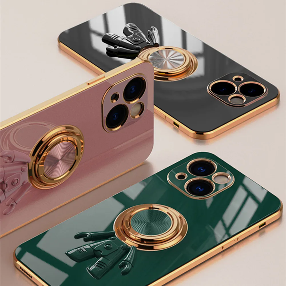 

Astronaut Square Plating Frame Ring Holder Phone Case For Samsung Galaxy S21 Ultra S20 FE S10 Plus A22 5G A32 A52s A72 A53 Cover