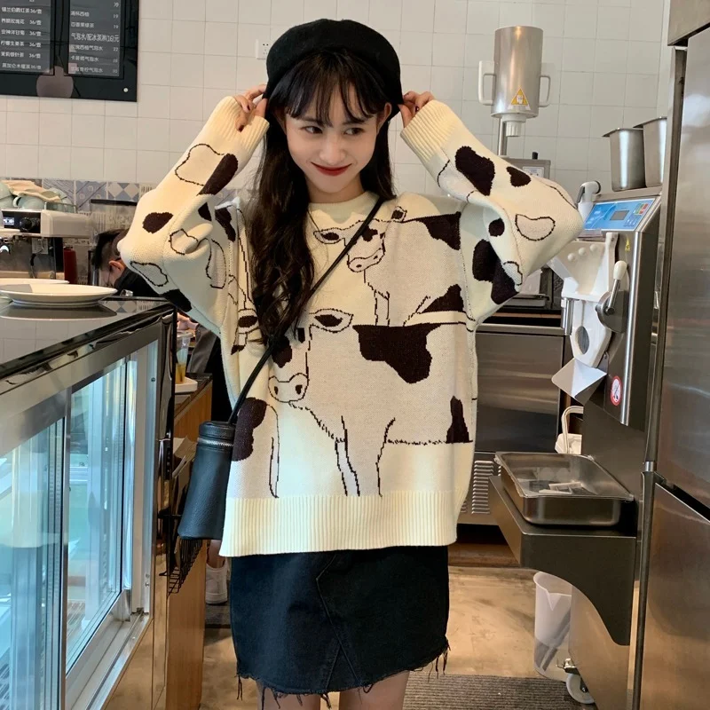 2021 винтажный Повседневный свободный свитер с принтом ленивой коровы, женские милые японские свитера Kawaii, корейские женские свитера в стиле ...