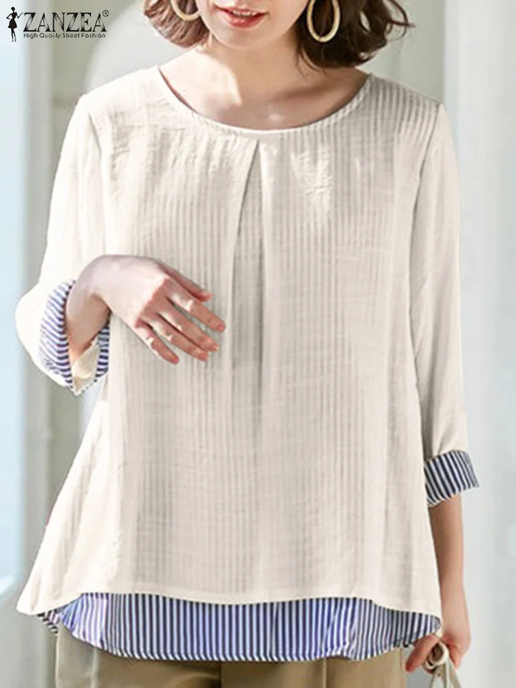 

Vintage Women O Neck 3/4 Sleeve Blouse Fake Two Pieces Autumn Shirt 2023 ZANZEA Casual Striped Tops Tunic Loose Holiday Blusas