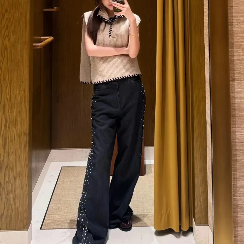 Вязаный жилет-шаль с модным дизайнерским жилетом Y2k черная отделка ручным