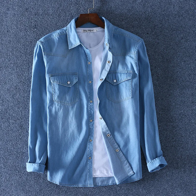 

Men's Slim Denim Shirt 2022 Spring Luxury High Quality 100% Cotton Square Collar Pocket Button Fashion Long Sleeve Jeans Shirt