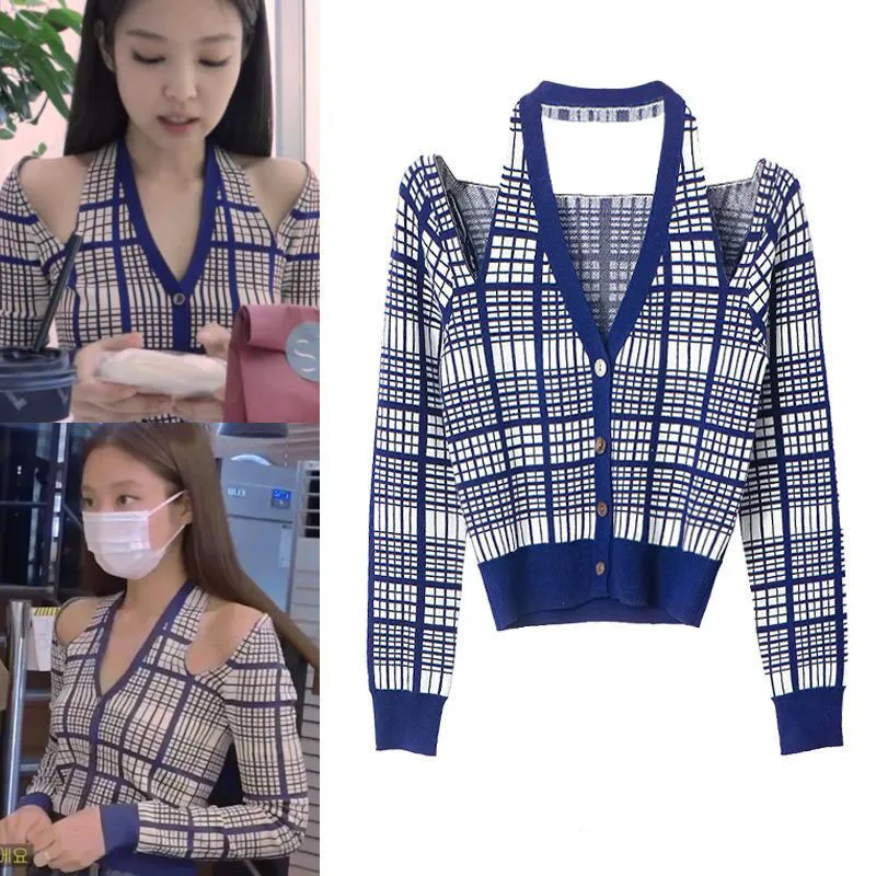 

V Neck Hollow Out Korean Fashion Women Knitted Cardigans Sexy Halter Jennie Sweaters Top Female Spring Streetwear Plaid Check