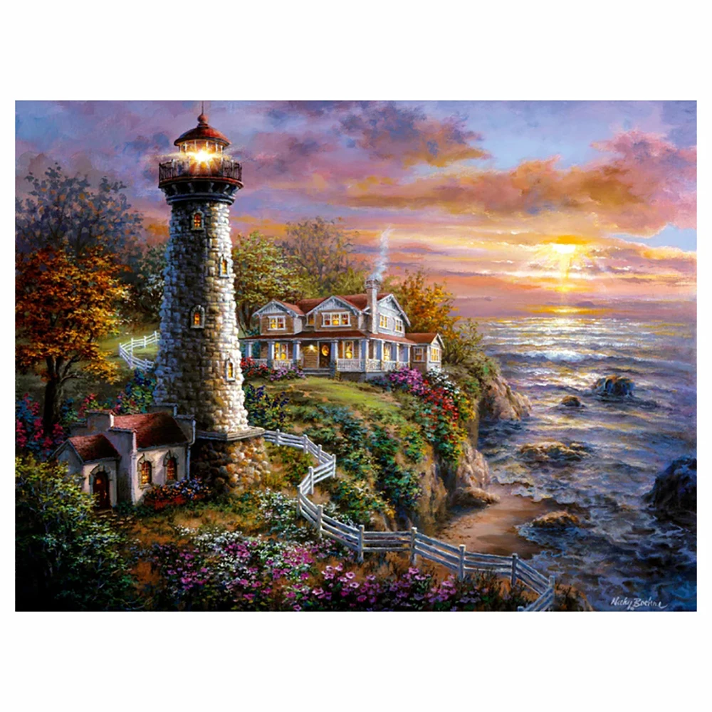 

DIY 5D diamond painting seaside lighthouse hut cross stitch set full diamond embroidery mosaic decorative painting gift