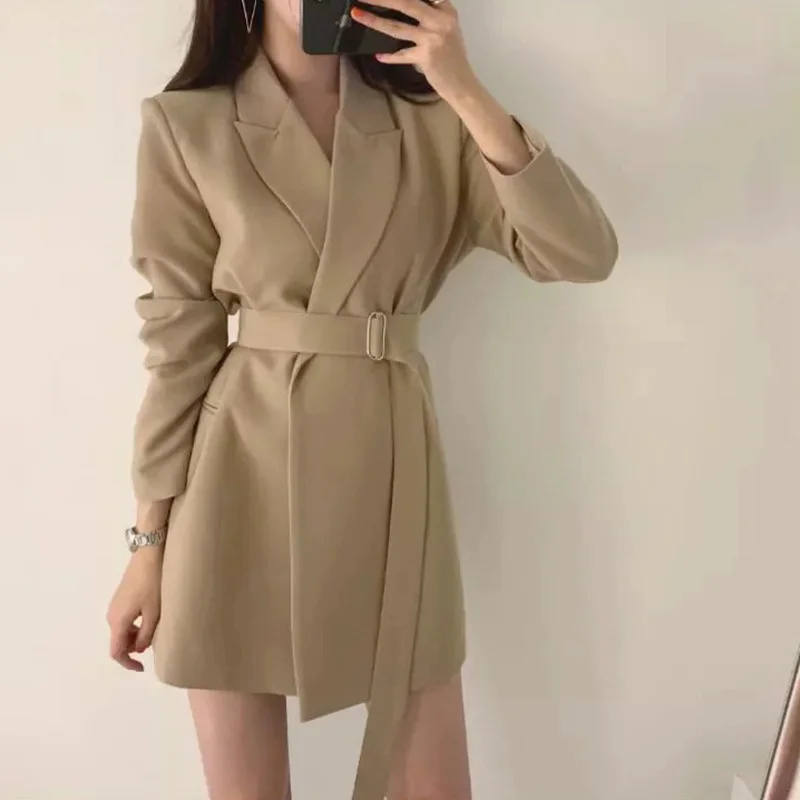 Korean Fashion Elegant Casual Office Blazer Women 2021 Solid Free Sashes Commute Blazer Urbane Lady Work Wear Formal Clothing